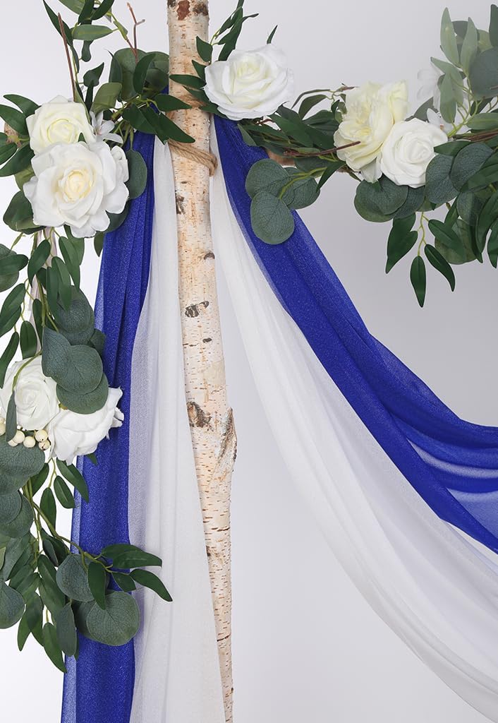 2 Panels 30Ft Extra Long Wedding Arch Draping Fabric, Sheer Arch Drapes for Wedding Party Backdrop (Slightly Shimmery, Royal Blue & White)