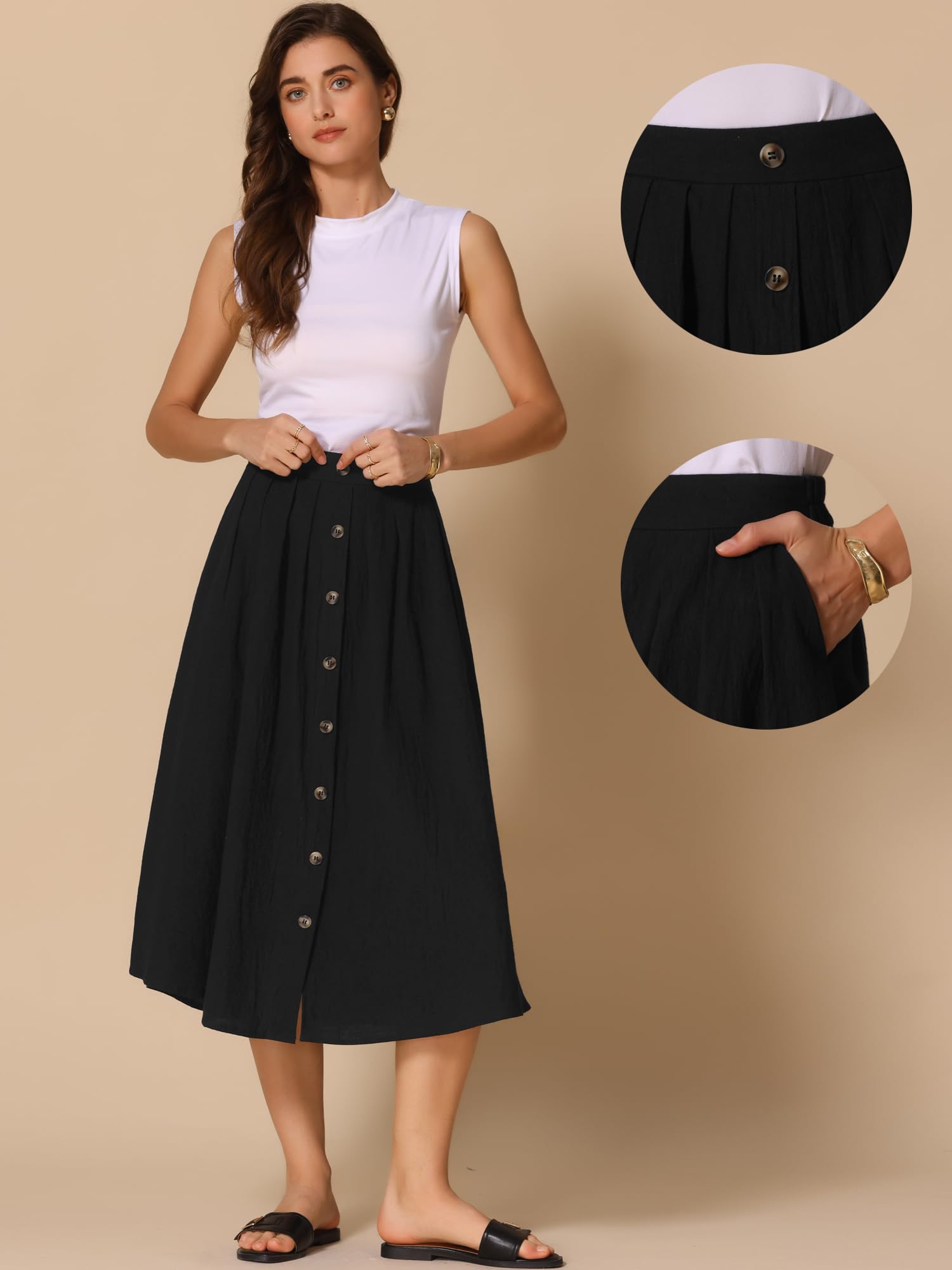 Allegra K Jupe Mi-Longue Trapèze Femme en Coton à Taille Élastique Coupe Décontractée Boutonnée sur Devant avec Poches