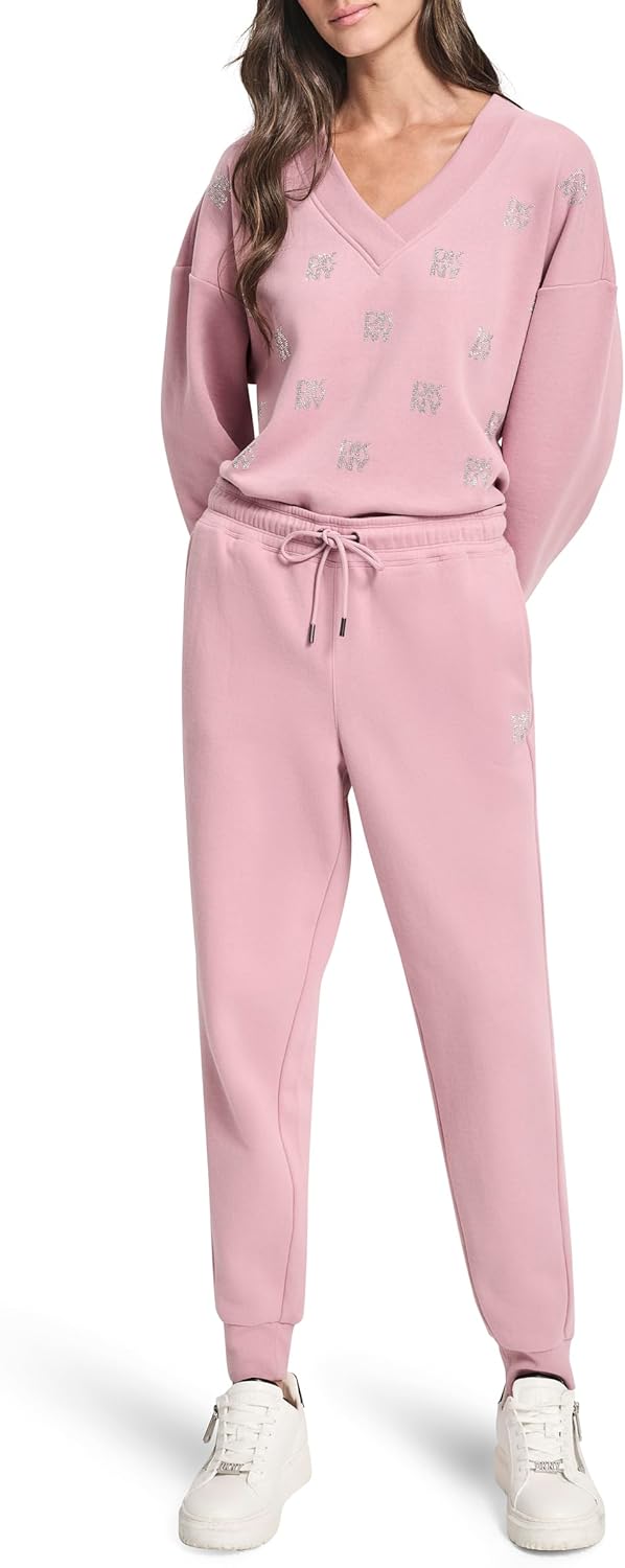 DKNY Womens Relaxed Cuff Stacked Mini Rhinestone Logo Fleece Jogger Sweatpant - Image 2