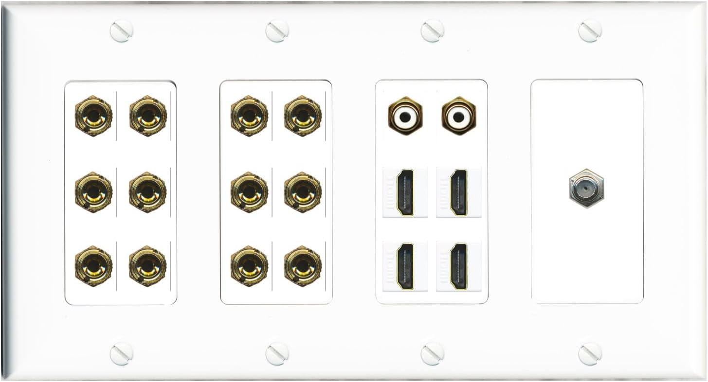 RiteAV 6.2 Surround Sound 6 Speaker 12 Banana Plug Jack Wall Plate w/ 2 RCA Subwoofer + 4 HDMI + 1 x Coax Jacks - 4 Gang [Black]