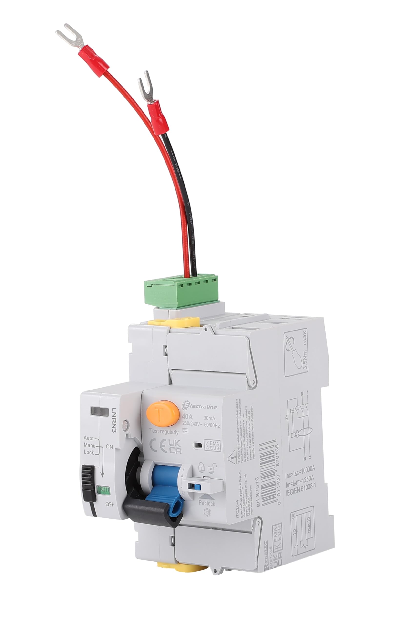 Electraline 87016 Interruttore differenziale, 40A, 1P+N, 30mA 2 mod. type A, riarmo automatico, Grigio