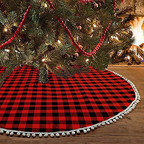 ACJRYO 121,9 cm Weihnachtsbaum Rock Büffel Plaid Weihnachtsbaum Rock mit Pom Pom Rand Weihnachtsbaum Rock für Weihnachtsdekorationen Winter Neujahr Haus Dekoration Supplies (rot und schwarz) Cover