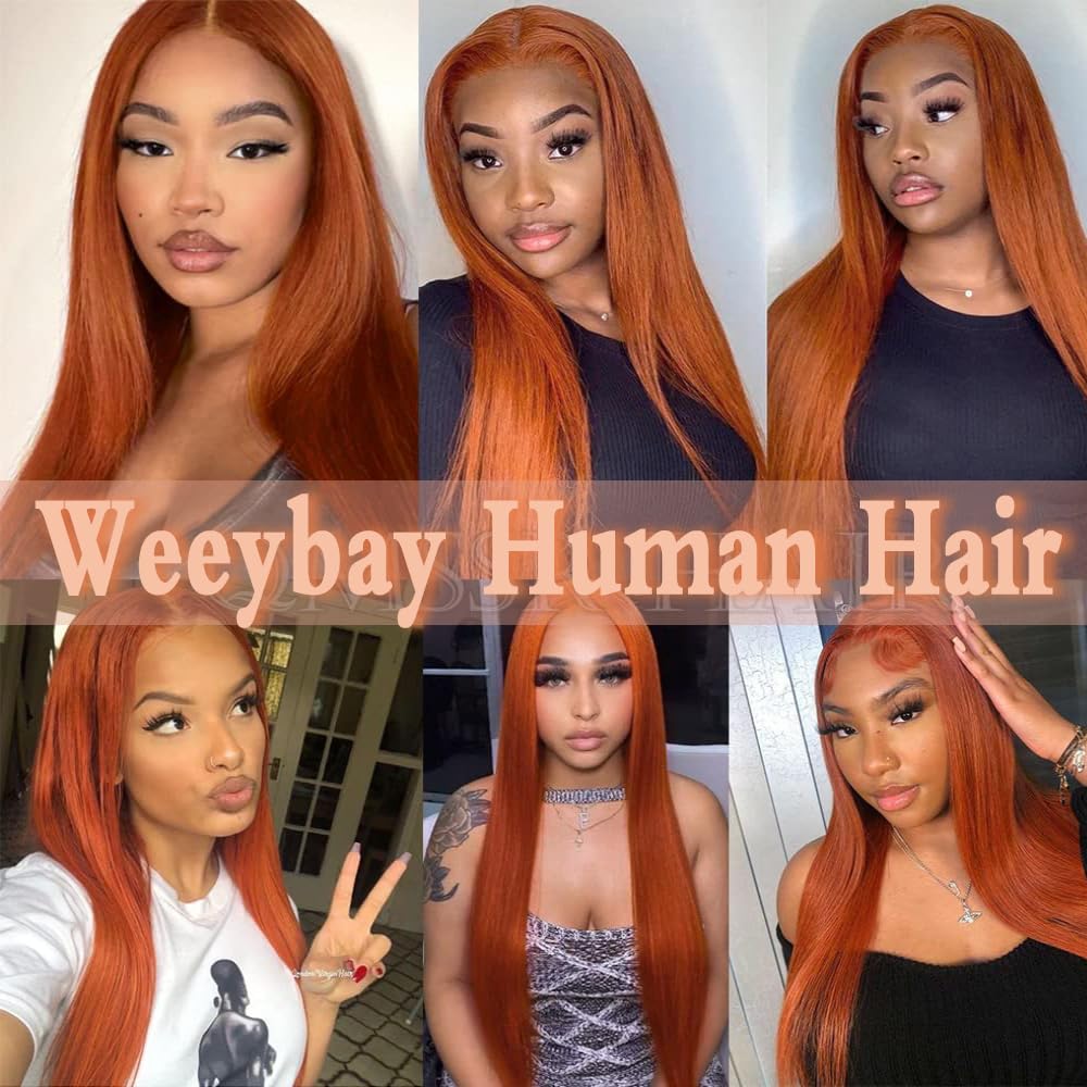 Weeybay 4x4 Lace Front Human Hair Wig #350 Copper Red Color Middle Part Lace Unprocesseed Glueless Virgin Hair Straight Wigs For Women 28 Inch - Image 2