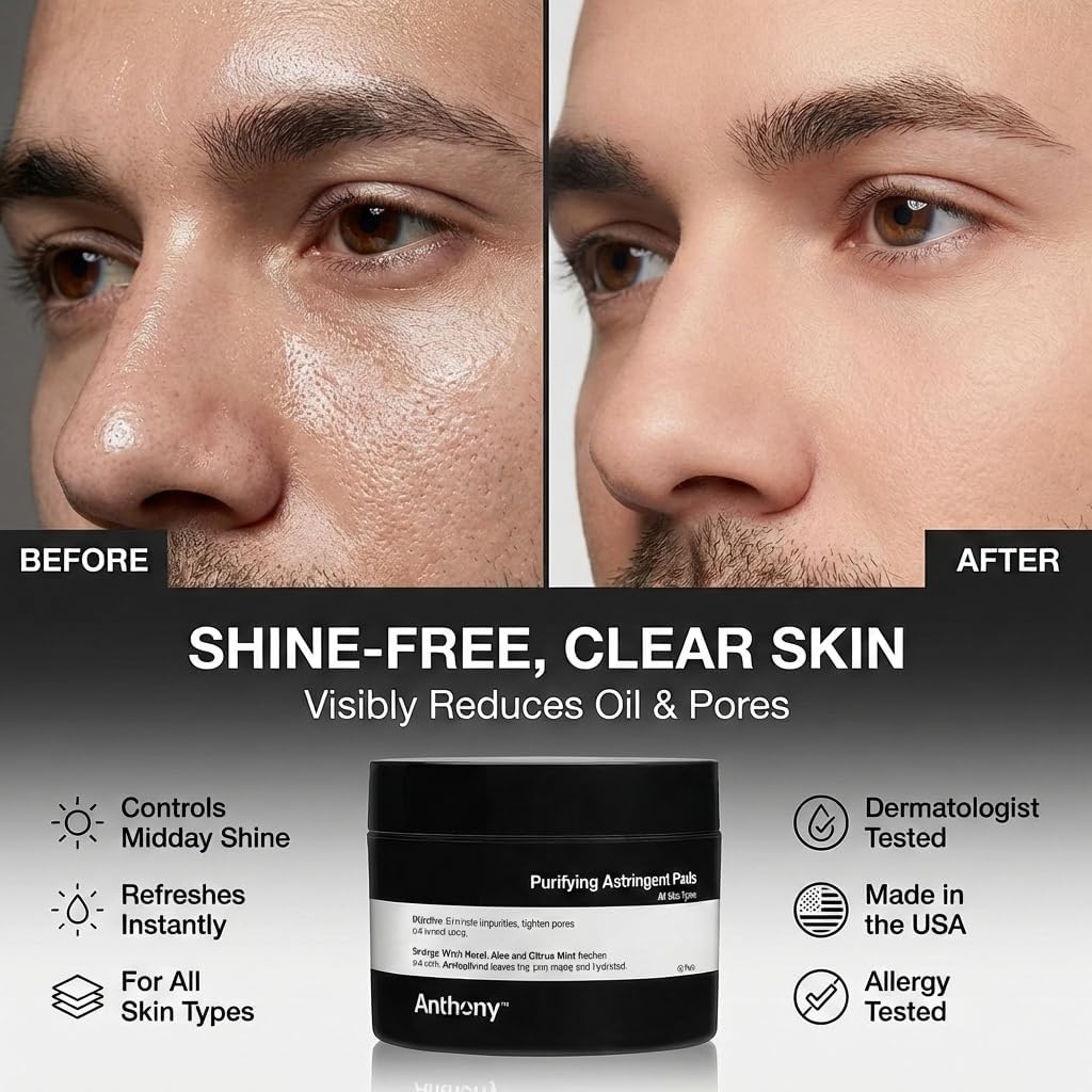 Anthony Witch Hazel Pads Pore Cleaner: 60 Count, Purifying Astringent Cleansing Toner Pads – Aloe Vera, and Citrus Mint, Eliminate Impurities, Minimize Pores and Control Shine