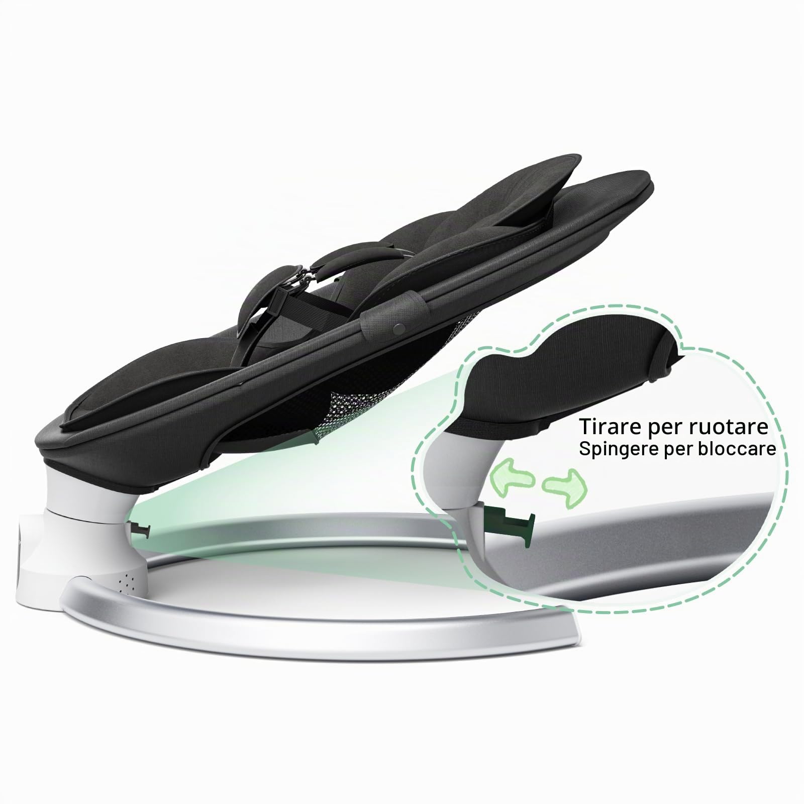 Altalena per neonati, dondolo elettrico per bambini con app e telecomando, imbracatura a 5 punti aggiornata, 10 musiche Bluetooth e 5 velocità, resiste a 9 kg