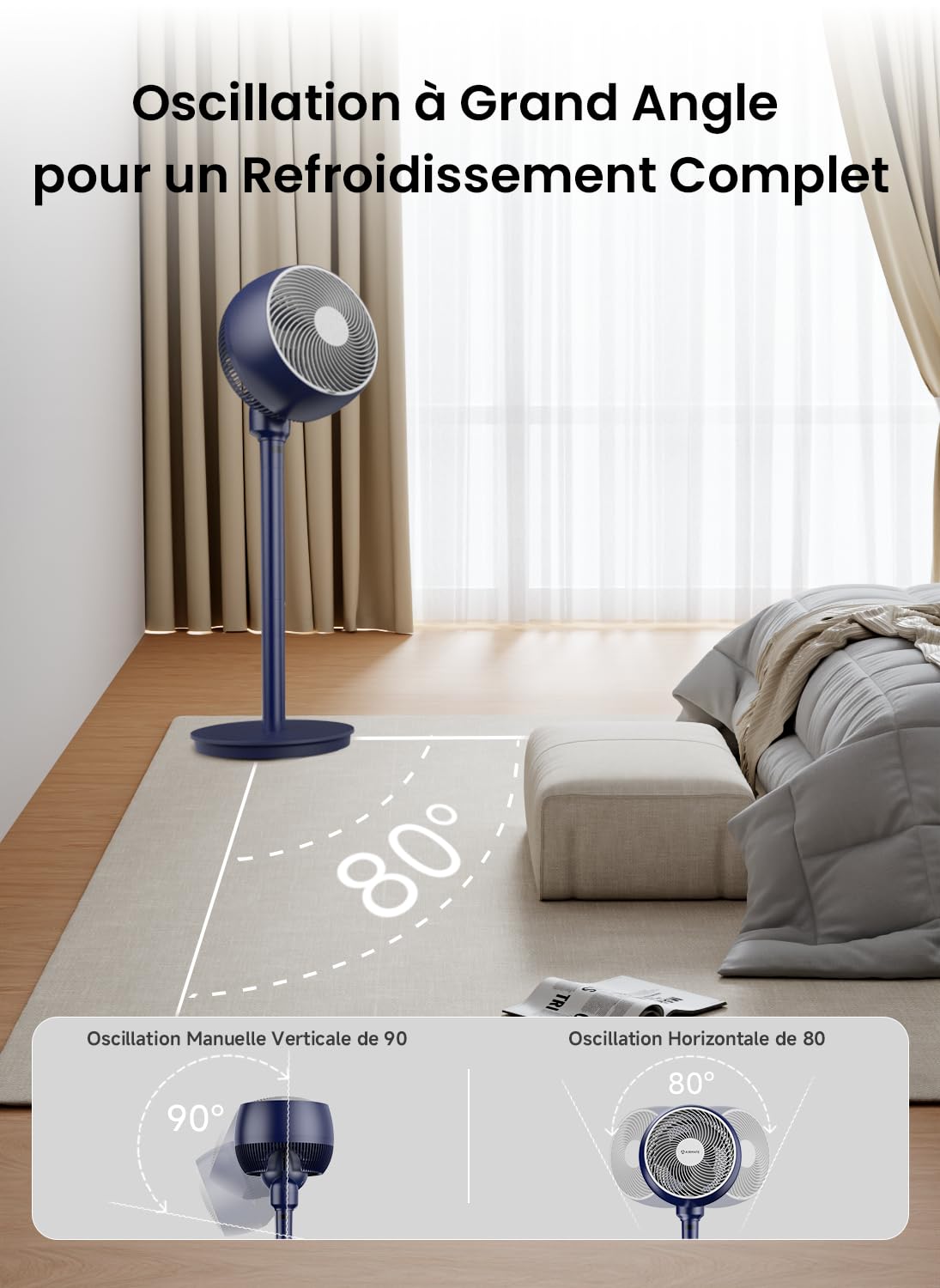 Airmate Ventilateur Silencieux 25 dB, Ventilateur Puissants 12 Vitesses, Portée de 26 m, Ventilateurs sur Pied avec Télécommande, Trois Hauteurs Réglables, Ventilateurs à économie d'énergie 20W