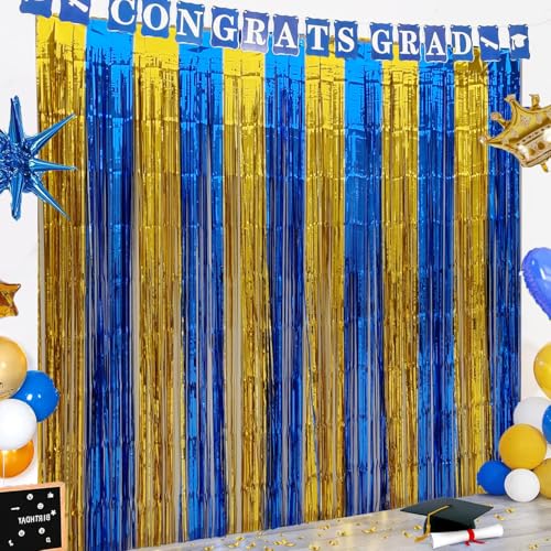 Image of Graduation Party Decoration 2 Pack 3.2x6.6 ft Blue Gold Metallic Tinsel Foil Fringe Streamers Curtain Photo Booth Background for Graduation Prom Wedding Birthday Party Decorations