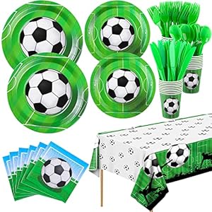 ADXCO 169 Pieces Soccer Theme Party Supplies Set Disposable Party Tableware Soccer Party Pack Including Paper Plates, Cups, Napkins, Forks, Spoons, Knives for Birthday Sports Event, Serves 24 Guests