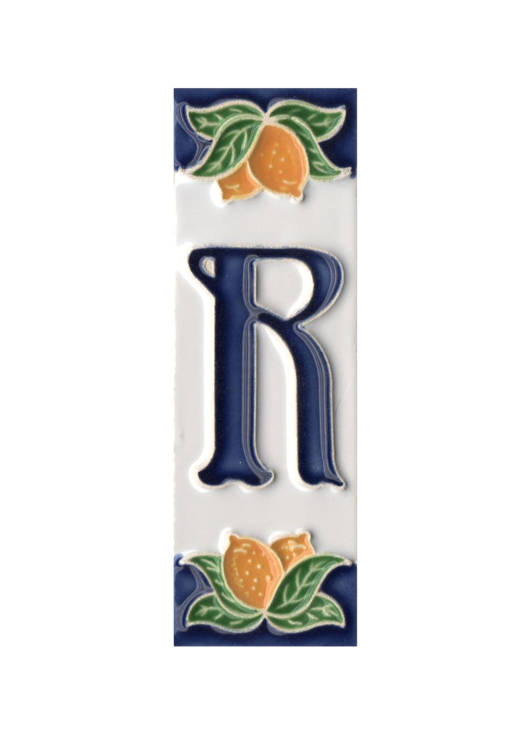 House Numbers, Italian Ceramic Numbers & Letters Tiles, Lemon Design, Tile Size: 10cm x 3.3 cm (Letter F) (Letter R tile)