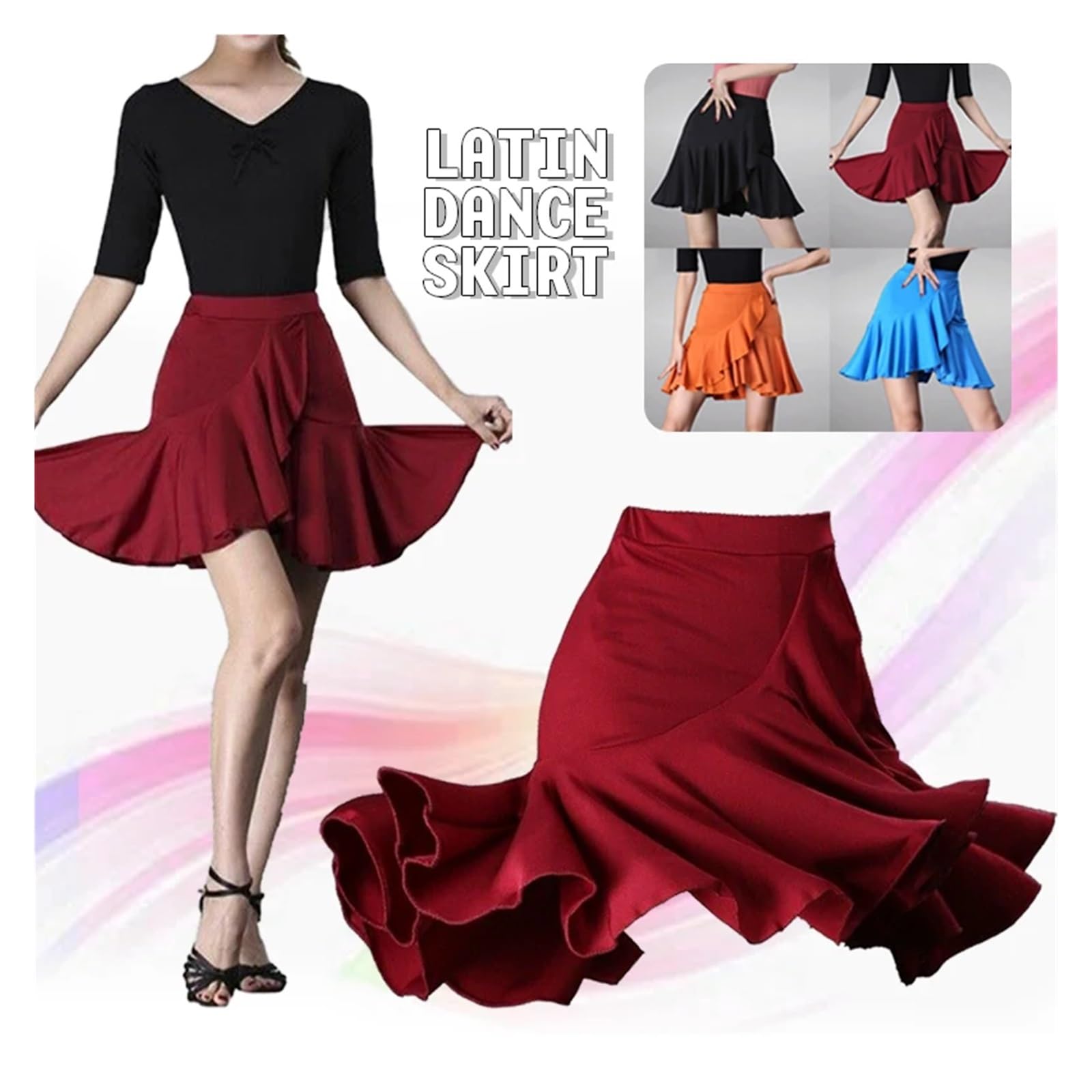 Lateinisches Tanzkleid Damen Latin Dance Rock Ballsaal Rumba Samba Tango Chacha Rüschen Röcke Wrap Dancewear Kostüm Bühnen Performance Röcke Damen Tanzrock Latein(4,L)