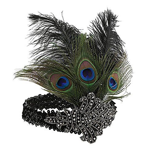 SunBeter 1920 Flapper Headpiece Pavo Real Feather Headband Vintage con lentejuelas Rhinestone...