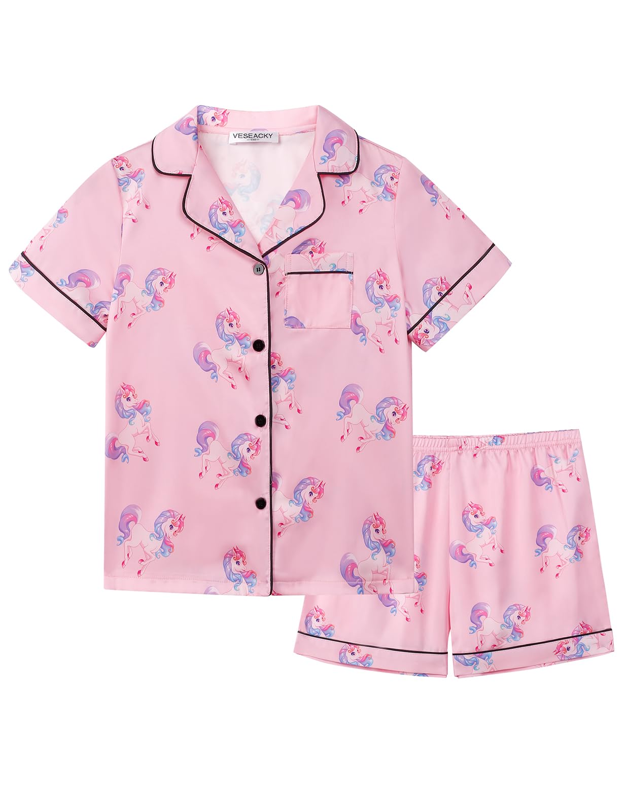 VeseackyUnisex Satin Pajamas Set Boys Girls Silk Pjs Short Sleeve 2 Piece Sleepwear Button-Down Kids Nightwear(4-13T)