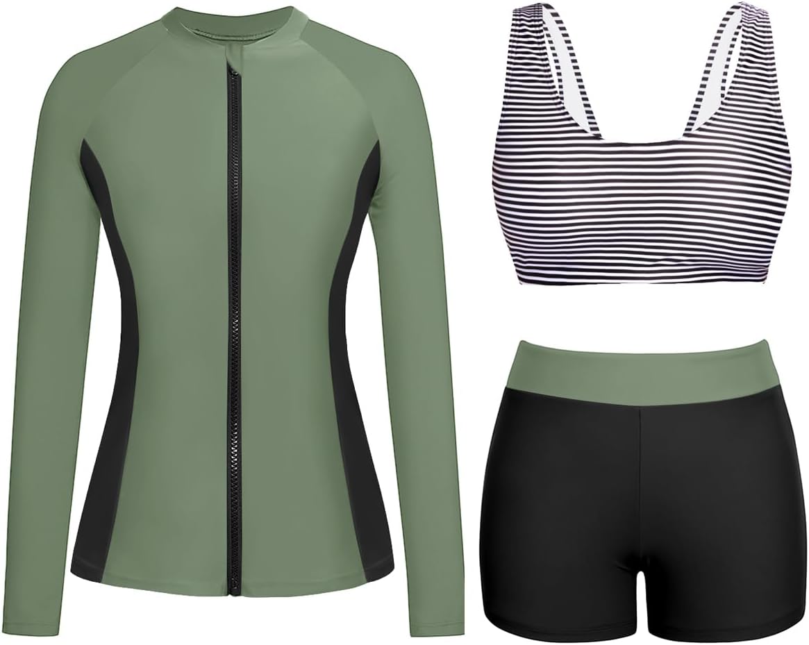 Holipick Long Sleeve Swimsuits for Women - 3 Piece Rash Guard with Shorts Zipper SPF Swim Shirt with Built in Bra