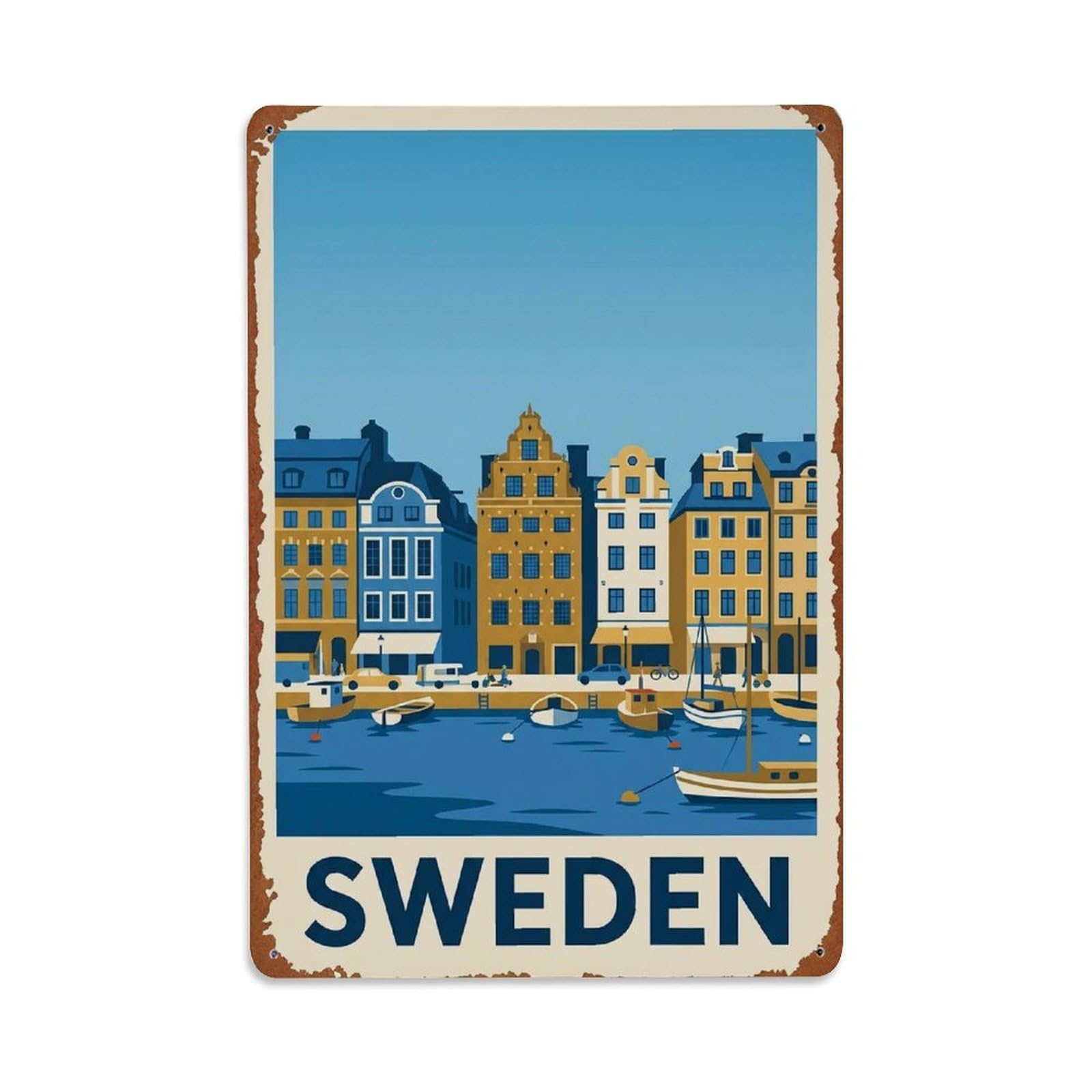 Vintage Travel Stockholm Sweden Waterfront Metal Tin Sign
