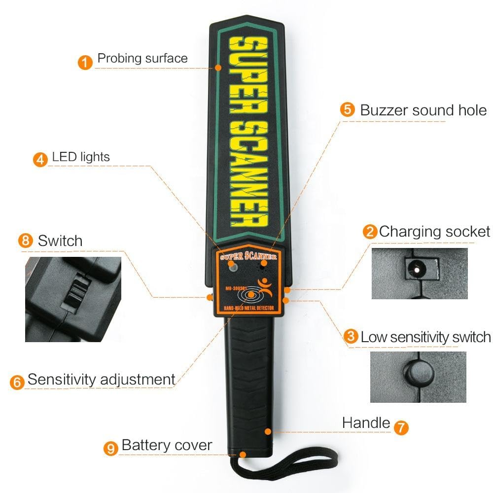 MARJI&ANUVRUTTI High Sensitivity Hand Held Metal Detector, Leather case on Handle, No Battery Included, Alarm Mode -Sound, Vibration & Led Lights for Malls, Airports, Railway Stations, Banks. 1