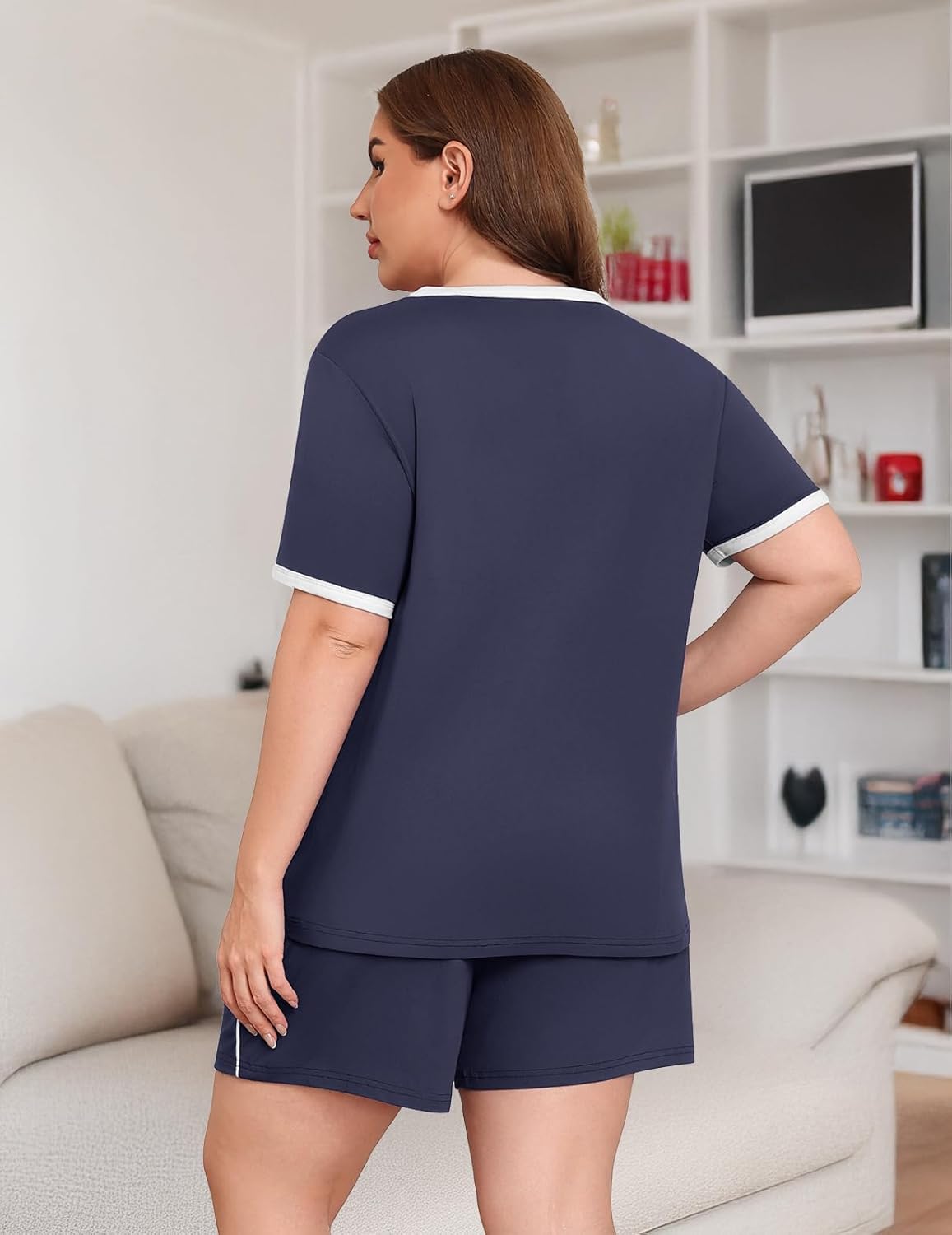 Lastshe Plus Size Pajamas Set for Women 2 Piece Soft Short Sleeve Shorts with Pockets Pjs Lounge Set Loungewear - Image 5