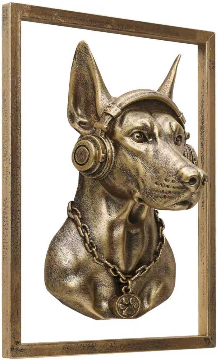 JJALIGHTS Animal Heads Wall Decor Doberman Resin Animals Sculptures Dobie Head Wall Hanging Decoration Imitation Copper vintage Wall Sculpture for Living Room Bedroom Office