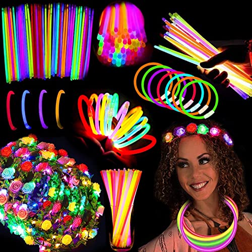 54 Pack Glow Sticks July 4th Party Pack Supplies Glow In The Dark-50 Glow Sticks Necklace Bracelets Bulk 4 LED Light Up Flower Crowns Headpiece Women Girls Wedding Birthday Carnival 4th of July Party