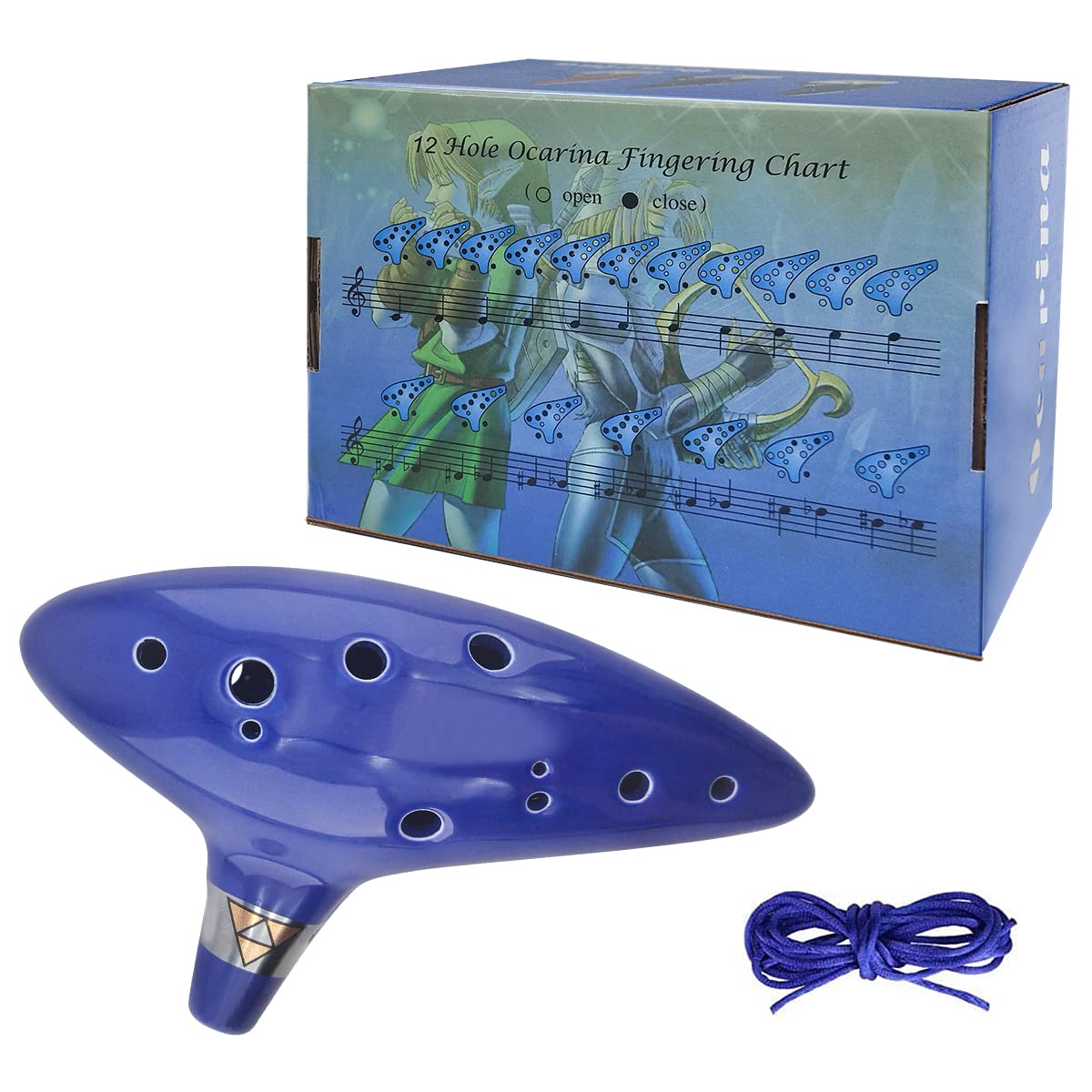 Ocarina Céramique Zelda 12 Trous Alto C - Instrument Musique Avec Étui, Partition, Corde Bleu