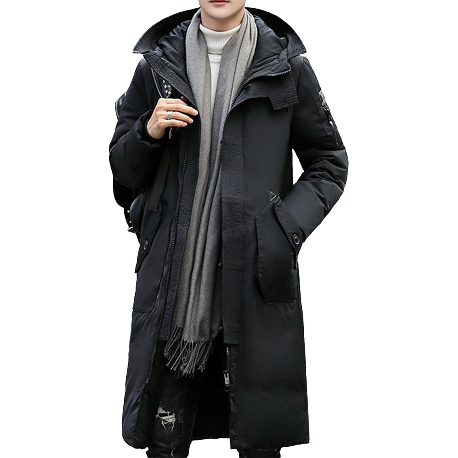 Giacca invernale lunga con cappuccio da uomo, imbottita, idrorepellente, antivento, parka spesso, giacca per il freddo