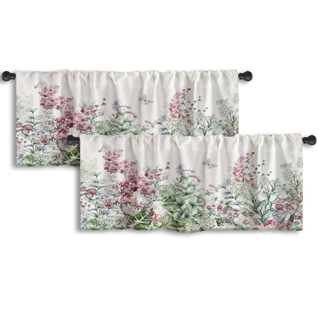 LALILOButterfly Kitchen Window Curtains Over Sink Kitchen Curtains Valances Borderand Wild Flowers Leaves Botanical Colorful White Curtains for Kitchen Living Room Bathroom Set of 2, 52x18 Inch