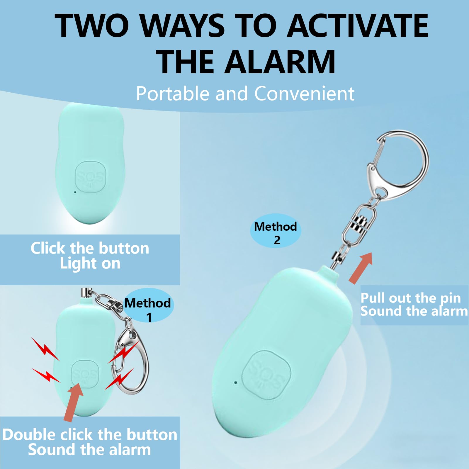 Alarma personal recargable de 130 dB, paquete de 2 alarmas de seguridad SOS con carga USB tipo C, luz LED para mujeres y ancianos, llavero de sirena de seguridad, alarma de autodefensa