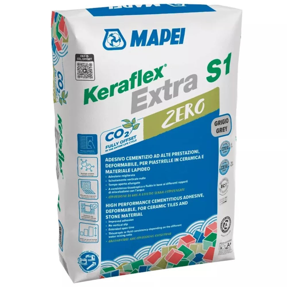 Mapei Keraflex Extra S1 Zero Adesivo Cementizio per Piastrelle, Grigio, Alta Prestazione, Bassa Polverosità, Sacco 25 Kg