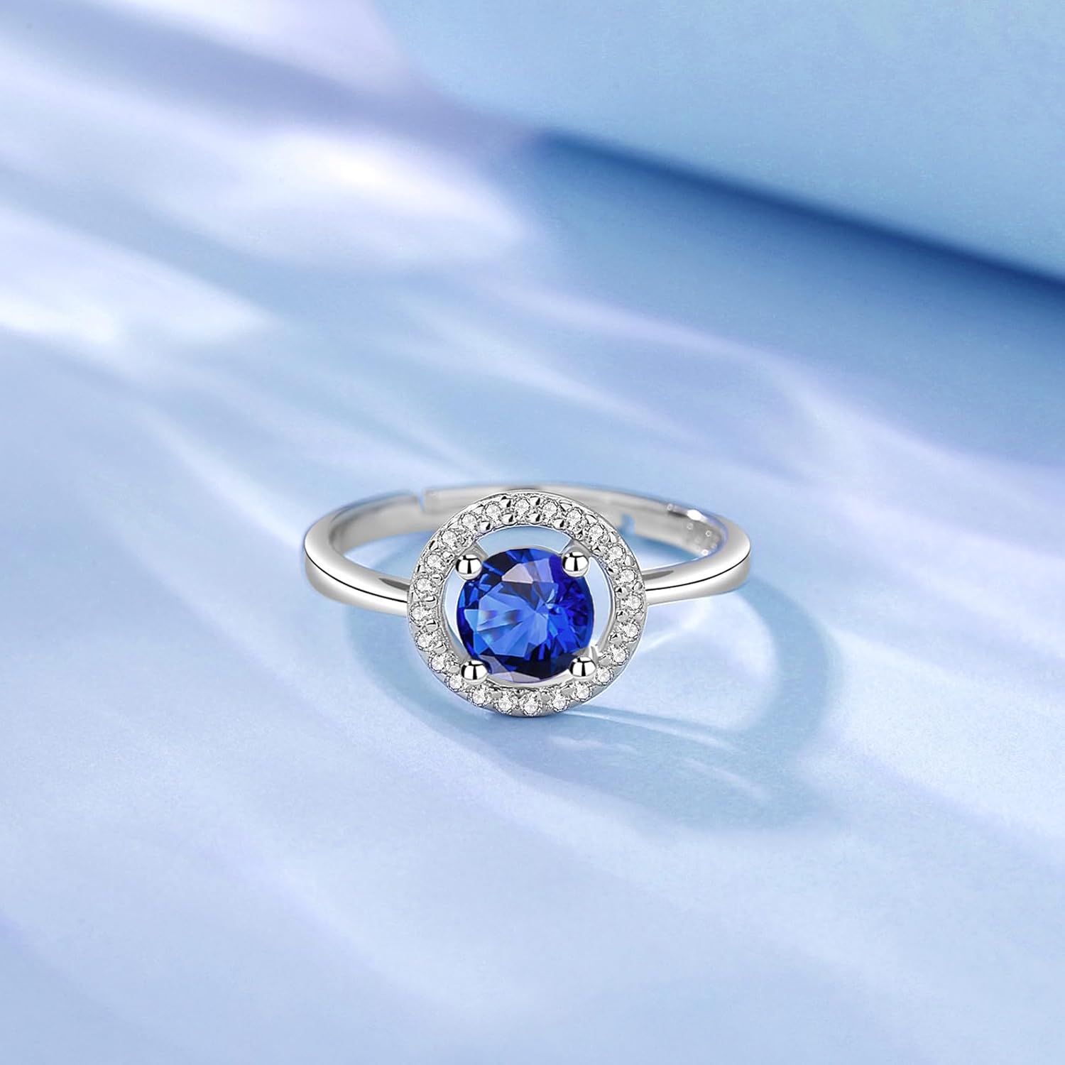 INFUSEU September Birthstone Ring Sapphire Blue Zircon Women Thin Sterling Silver 925 Navy CZ Jewelry Gift Adjustable 7 6 8 Stackable Stacking Birthday Valentines Mothers Day - Image 2