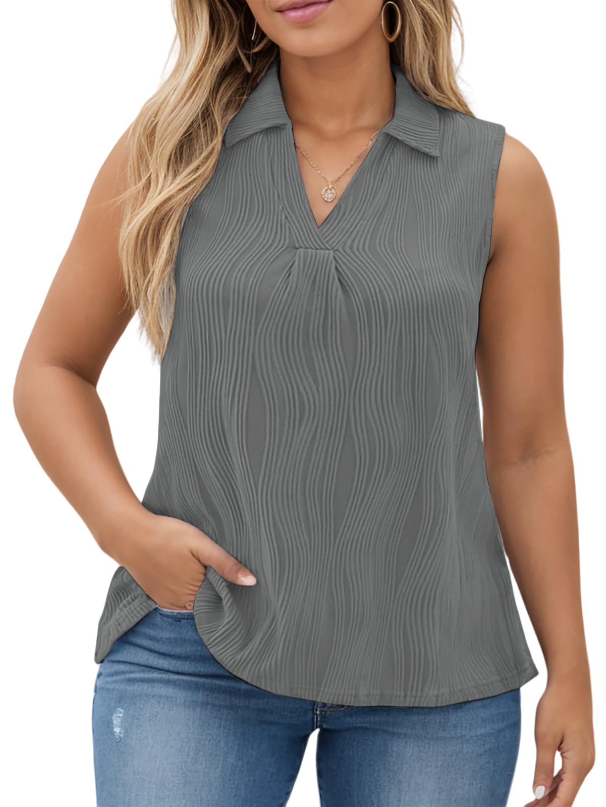 DOLNINE Womens-Plus-Size-Summer-Tank-Tops Dressy V Neck Collared Polo Shirts Casual Sleeveless Tunics Trendy Textured Blouses