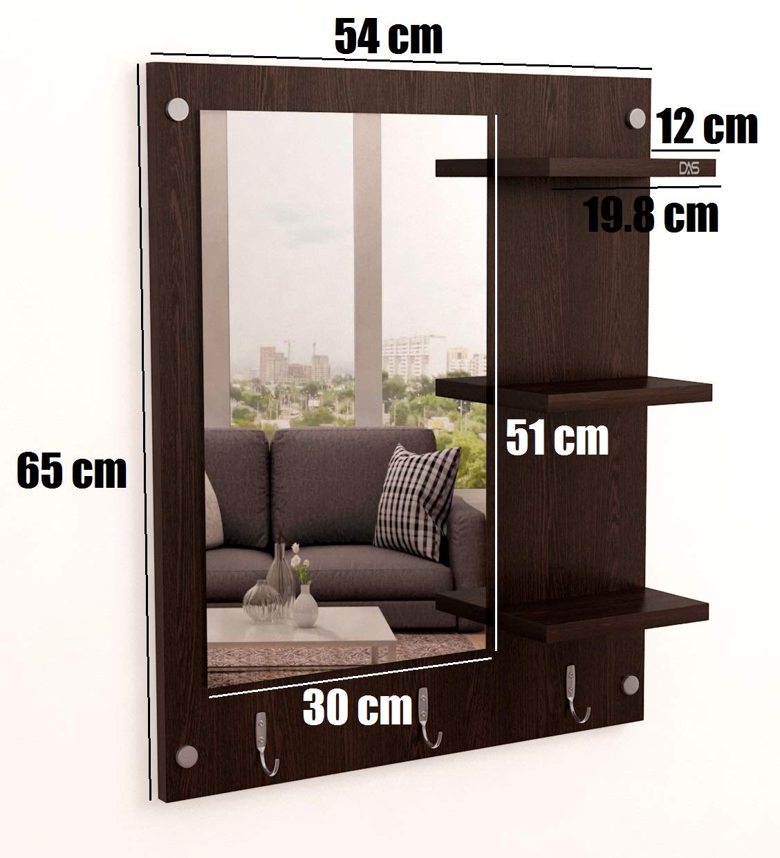 DAS Wall Mount Makeup Vanity Dresser Dressing Mirror/Glass/Table and Multipurpose Rack Shelves with Elegant Double Stainless Steel Hooks (Wenge)- Evelyn 3
