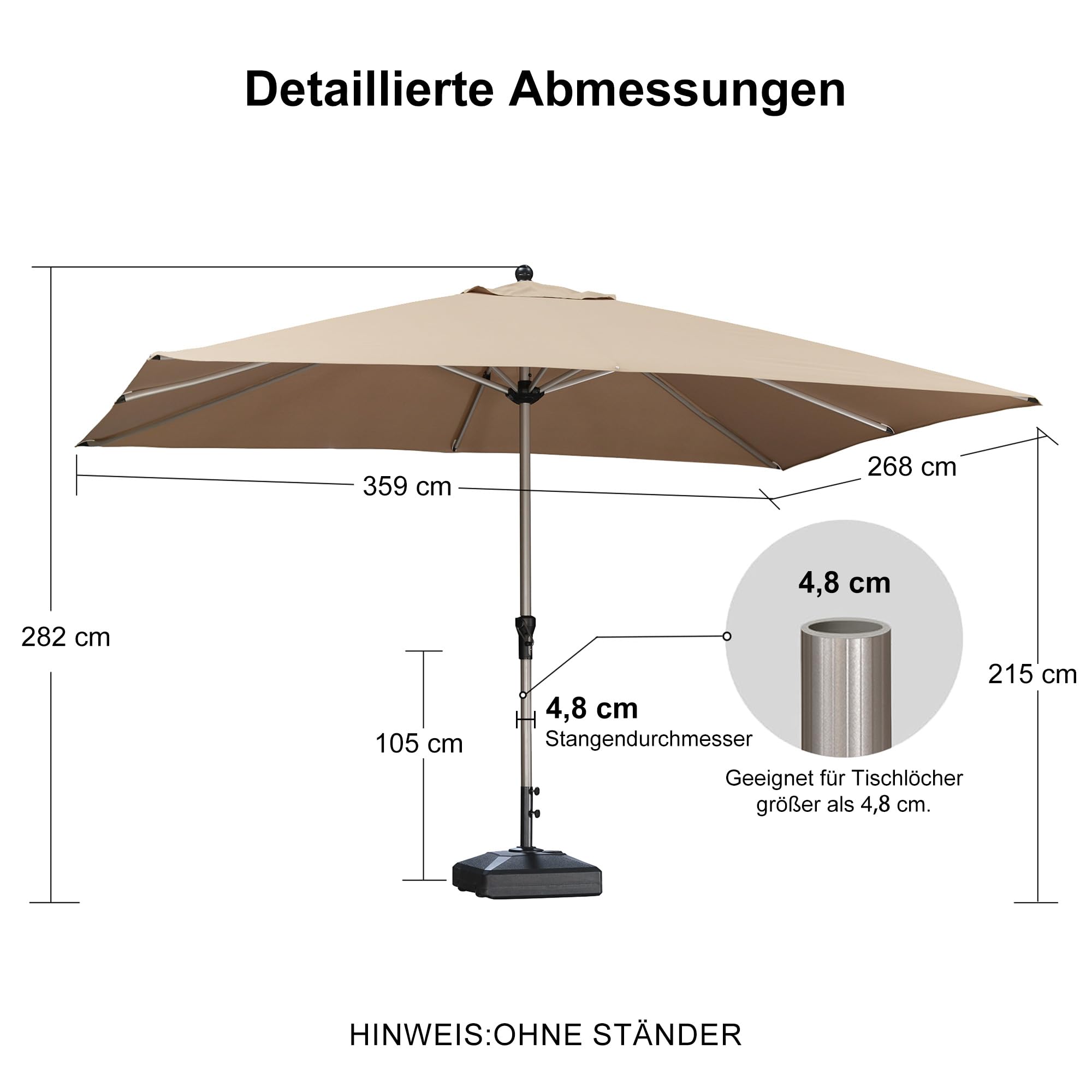 PURPLE LEAF Marktschirm 270 × 350 cm Rechteckig mit Kurbel UV-Schutz, Taupe | Robustes Aluminium, Wasserabweisend, Einfache Montage, Leichtgängige Kurbel, Sonnenschirm UV-Schutz XL-Schatten für Gewerbe