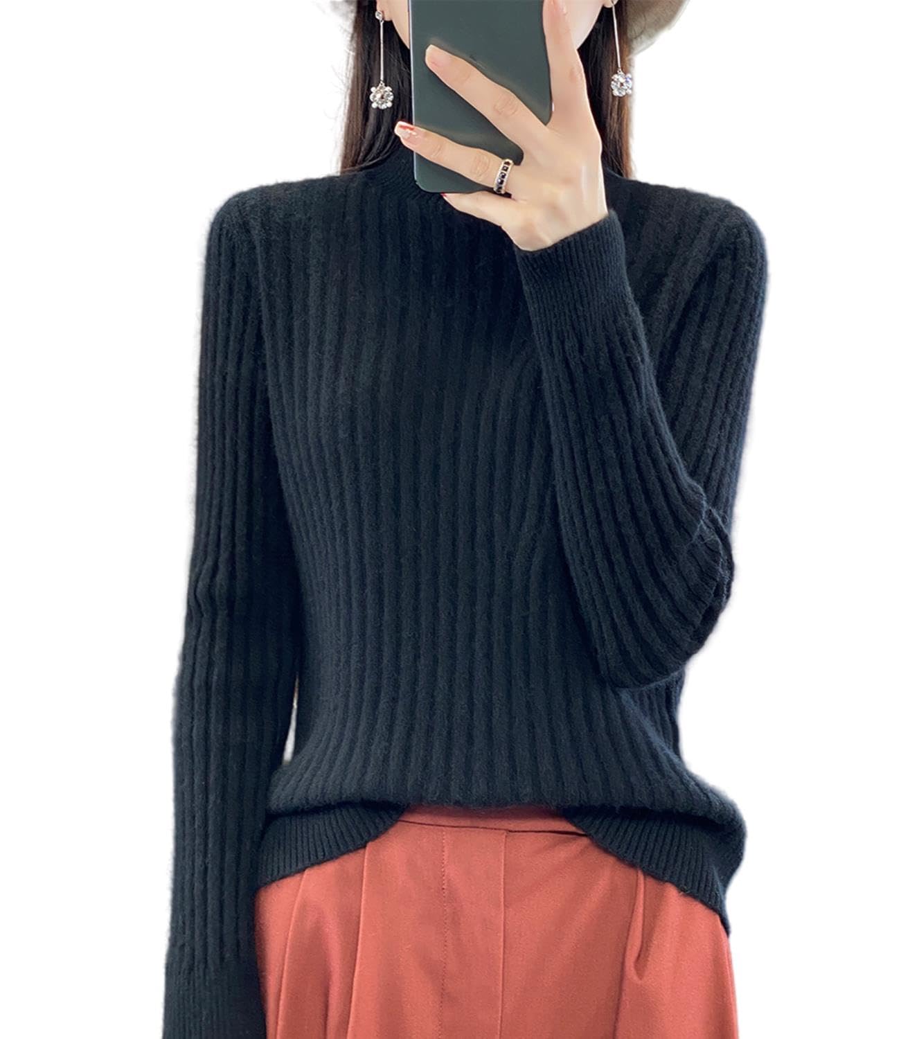 100 Merino Wool Sweater Womens Autumn Winter Mock Neck Long Sleeved Groove Strip Pullover Warm Soft Knitted Tops