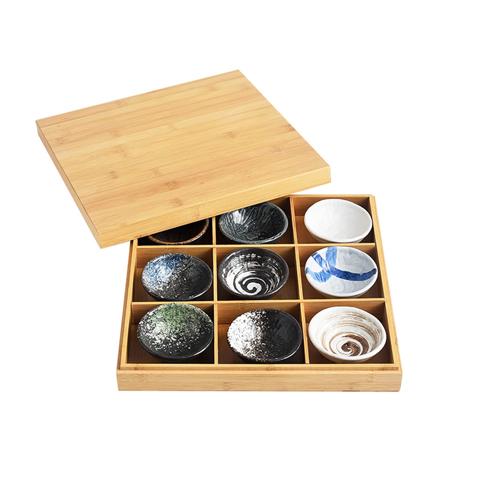 Plateau de Service divisé en Bambou - 9 Plateaux de Service de collations en céramique en Bois pour Restaurant de Cuisine à Domicile,D