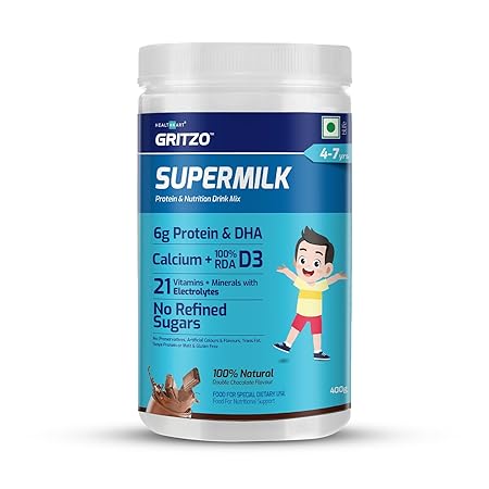 Gritzo SuperMilk 4-7y (Active Kids), Health Drink for Kids, High Protein (6 g) with Calcium + D3, 21 Vitamins & Minerals, Zero Refined Sugar, 100% Natural Double Chocolate Flavour, 400 g