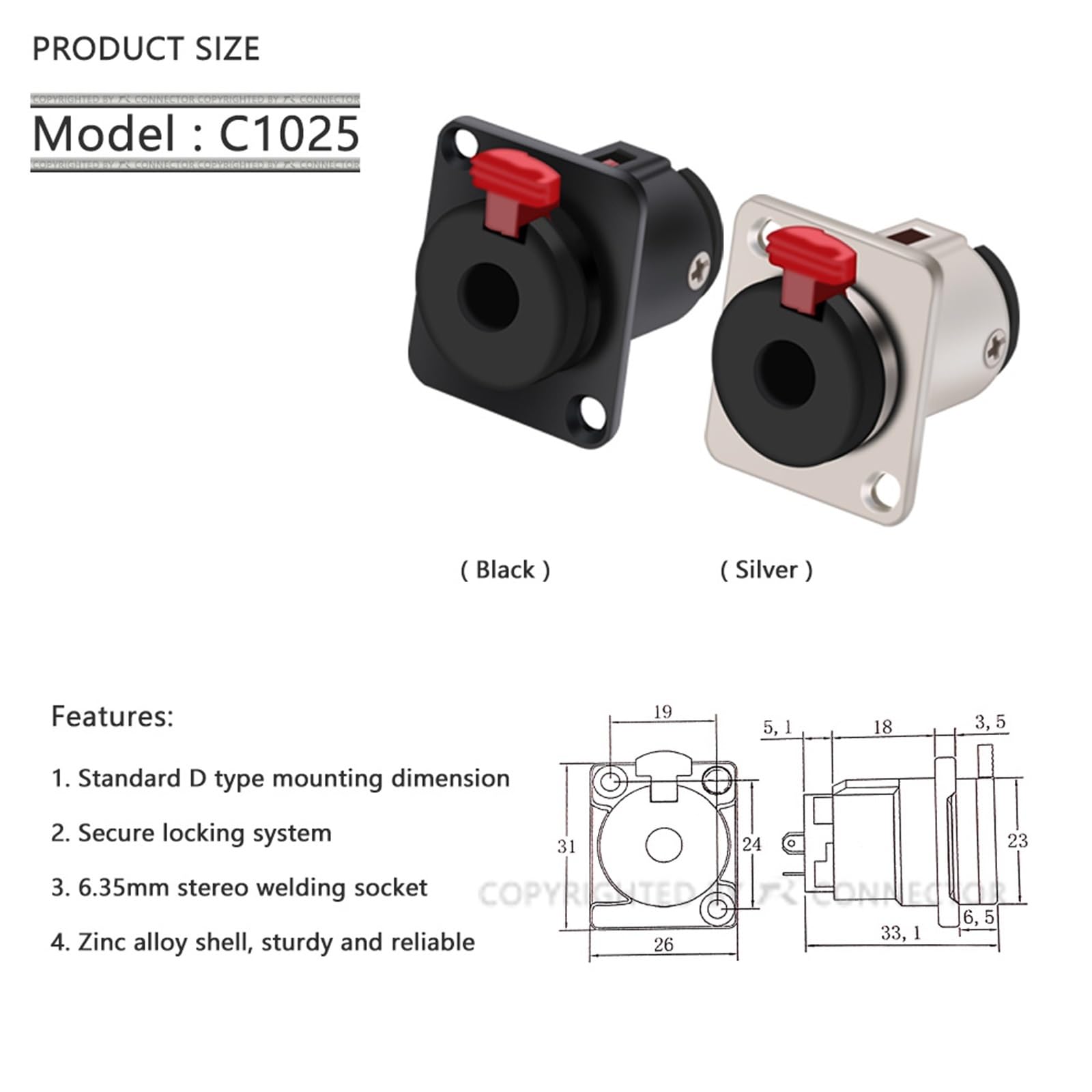 4 szt./partia 6,35 mm Jack 1/4 cala Stereo TRS żeńskie gniazdo jack 2-otworowe mocowanie panelowe mikrofon audio mikrofon mikrofon zacisk kabla mikrofonowego obudowa (czarny x 4)
