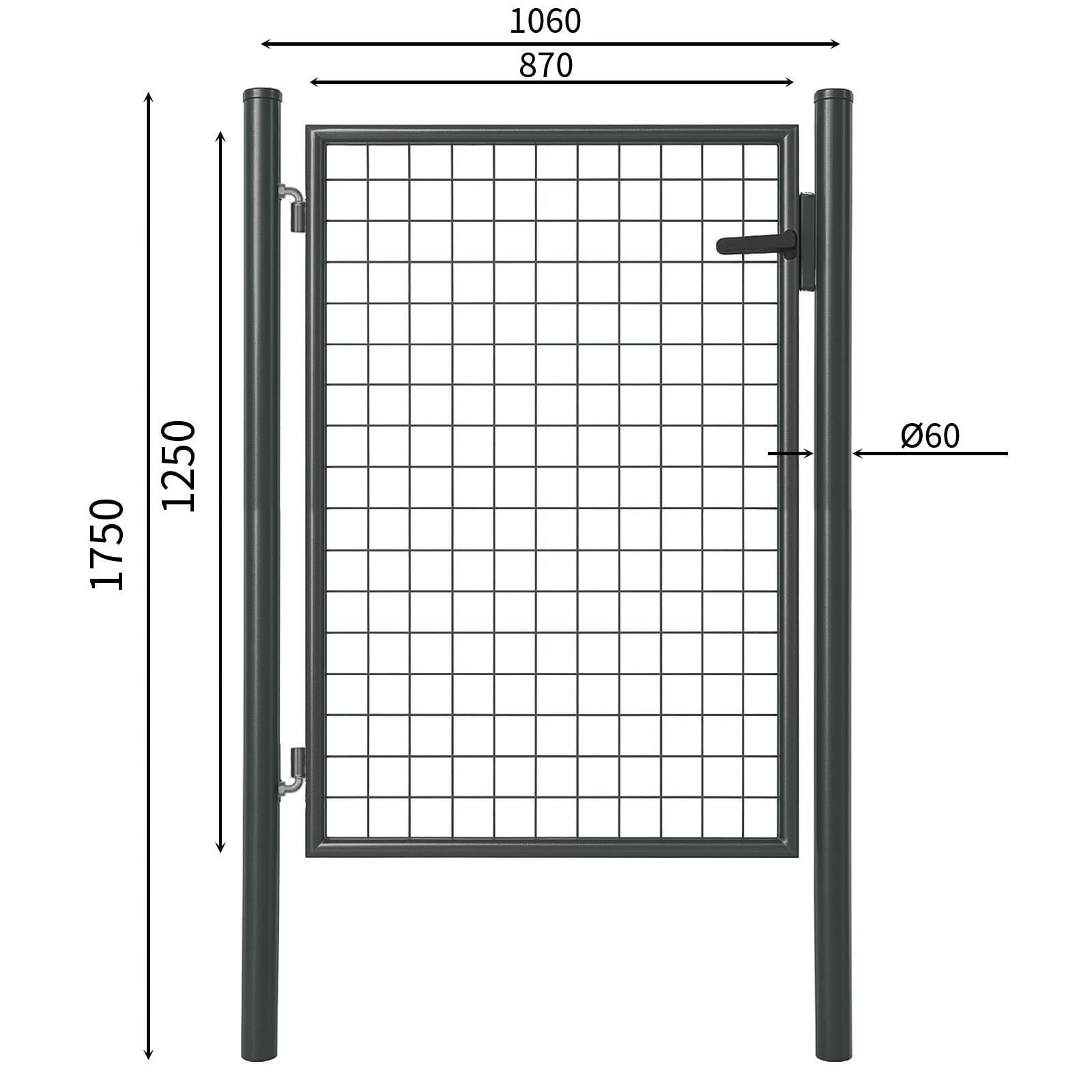 ATTAS Gartentor Metall | 125x100, anthrazit, inkl. Schloss und 3 Schlüssel abschließbar| Zauntür, Gartentür für Doppelstabmattenzaun Tor, Zauntor Metall, Hoftor, Rund