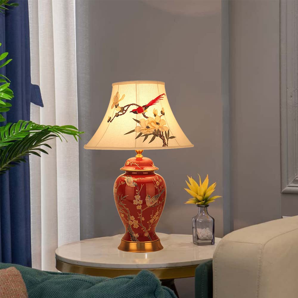 Mengjay Ceramica Lampada da scrivania,Luce da Scrivania in Tessuto,Lampada da scrivania in Ceramica Lampada da Tavolo Vintage,E27 Lampada comodino per camera da letto, studio (Rosso)