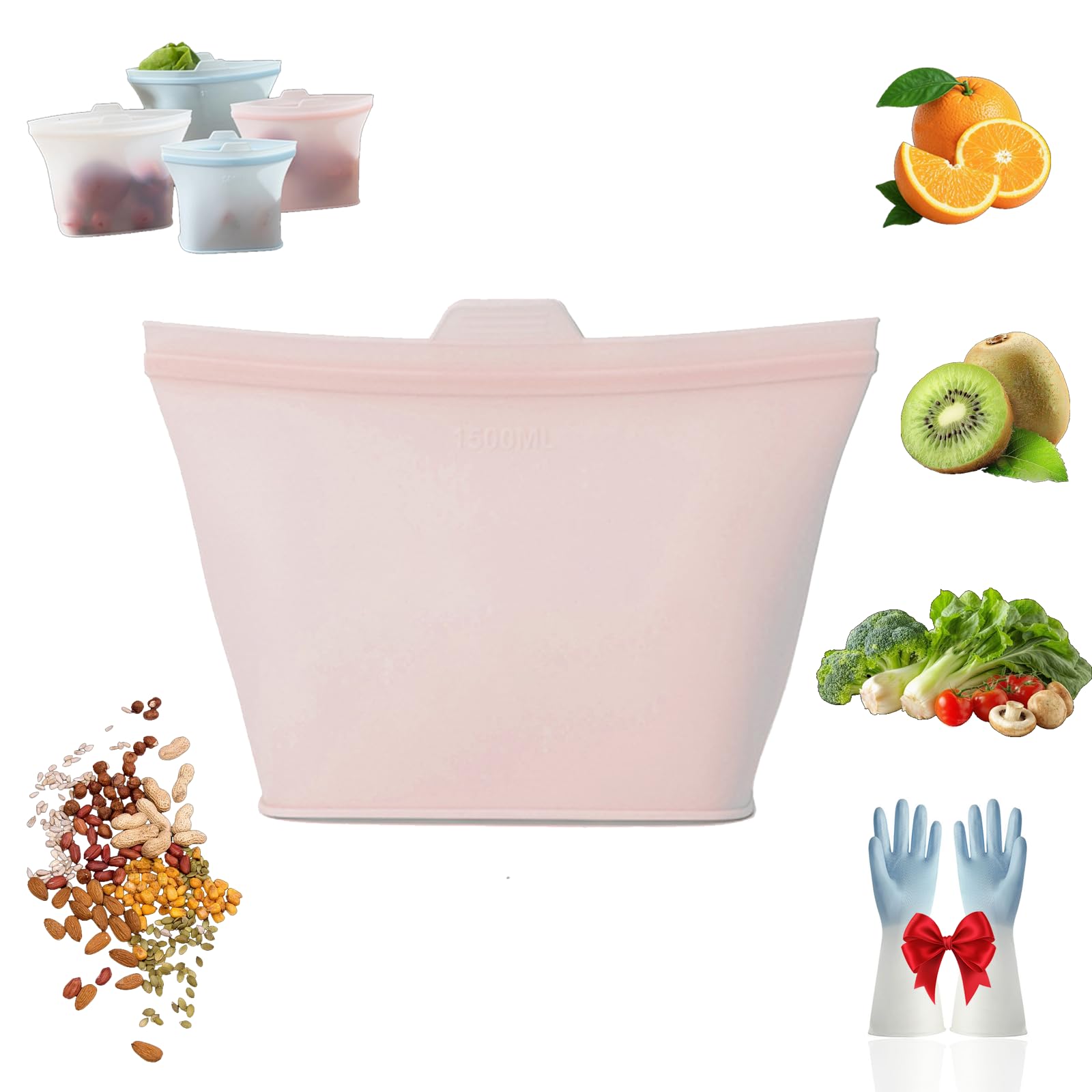 Reusable Silicone Food Bags, Leakproof Silicone Freezer Bags (500ml, 1000ml, 1500ml), Stand Up Reusable Food Bags for Meal Prep, Microwave & Freezer for Food Storage (1000ML+A)