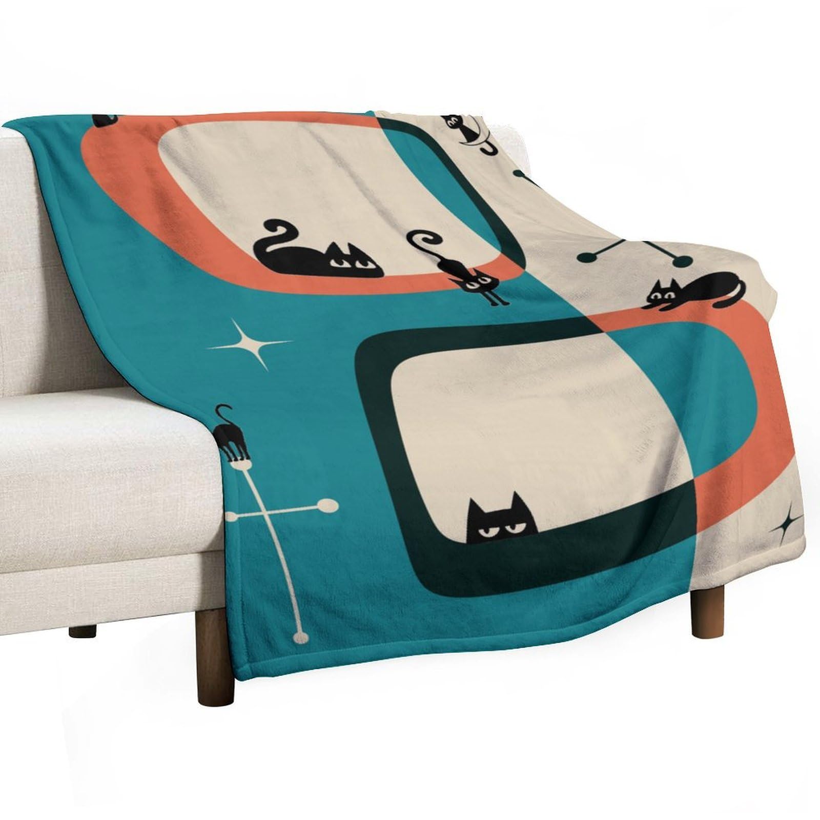 BenYaSong Mid Century Style Blanket Black Cat Modern Abstract Geometric Vintage Colorful Shape Pattern Decor Bedding Blanket Gifts for Boys Girls Kids Adult Men Women 60"x80"