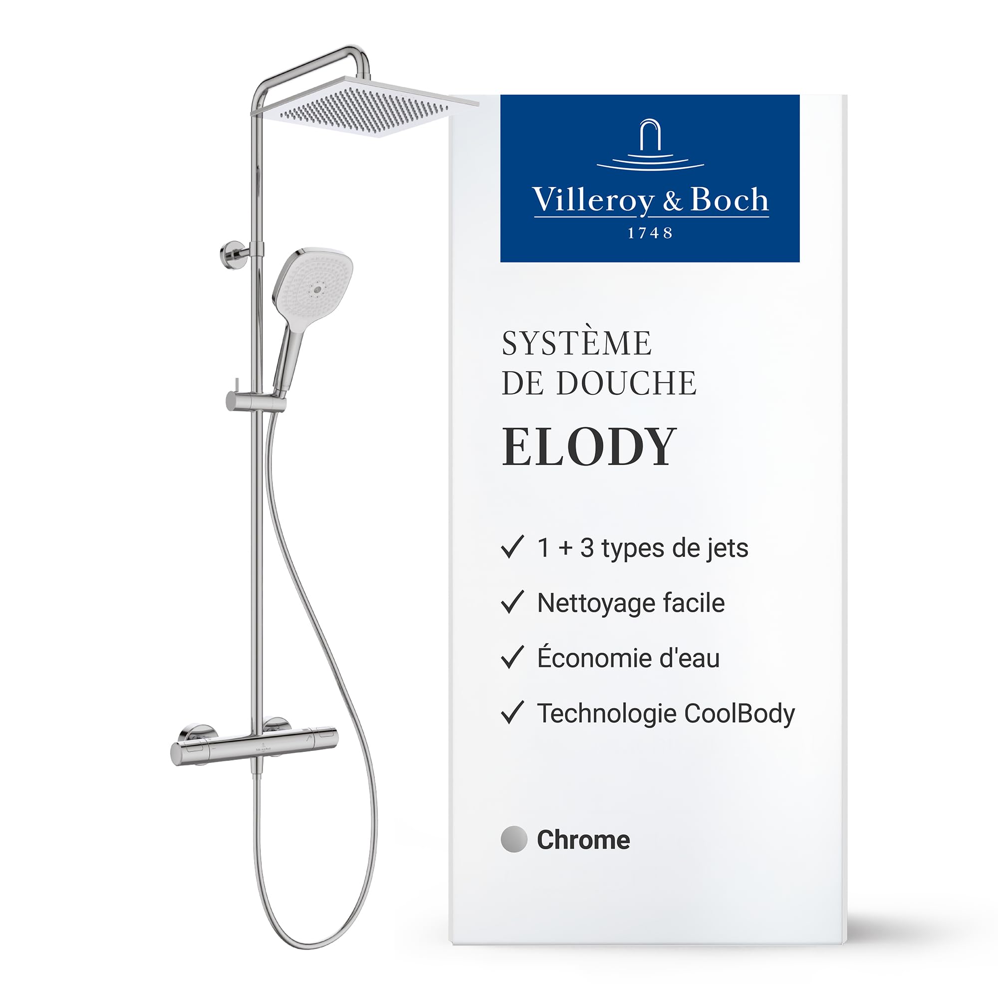 Villeroy & Boch Elody système de douche, complet avec thermostat – Chrome