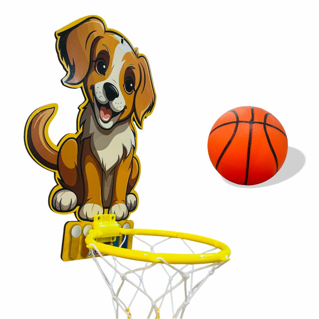Fundio Kids Mini Basketball Hoop Set with Puppy Design, Yellow and White Net, Wall-Mountable, Dog Face Basket Ball for Kids for Boys and Girls | Toy Basketball 2