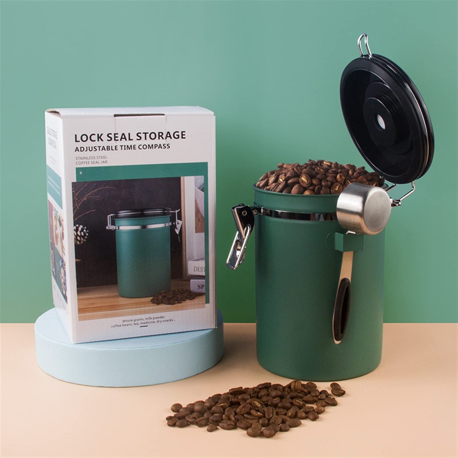 Kaffeedose, Kaffeedose Luftdicht Edelstahl Lagerbehälter Jar Box mit Löffel Kaffeebohnen Muttern Zucker Lagerdosen für Kaffeebohnen, Pulver, Tee, Nüsse, Kakao (Color : Green 1.8L)