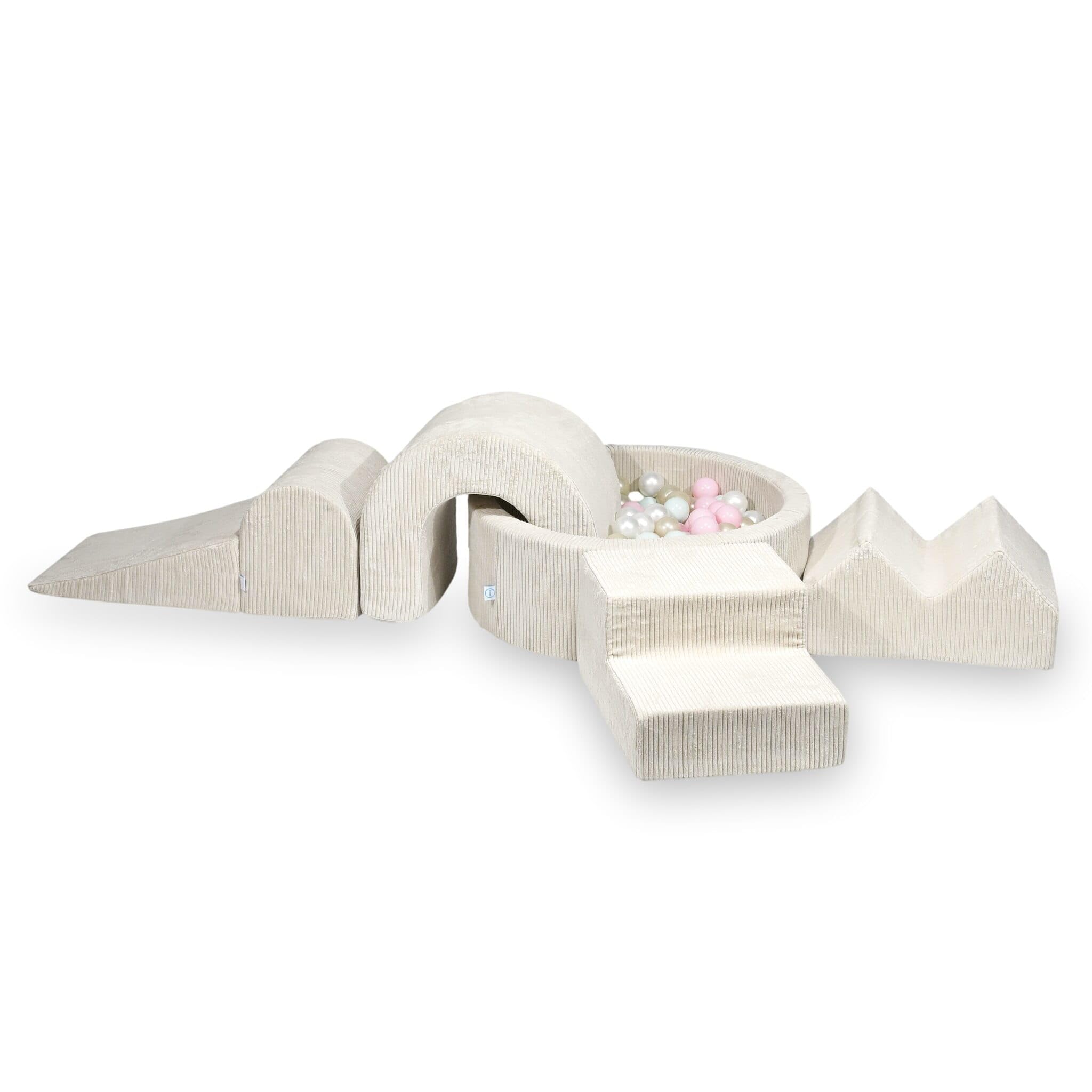 Mimii Parco giochi in gommapiuma con piscina di palline rotonda, 90 x 30 cm, colore beige, 5 elementi, giocattolo da arrampicata per bambini e neonati, con 200 palline: perla, rosa chiaro, menta