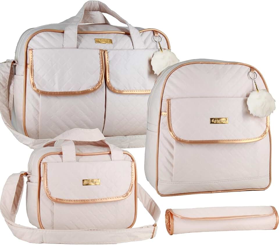 Conjunto de Bolsas Maternidade Luxo, 4 Peças, Matelassê Bege com Detalhes Rose Gold, Fecho Magnético