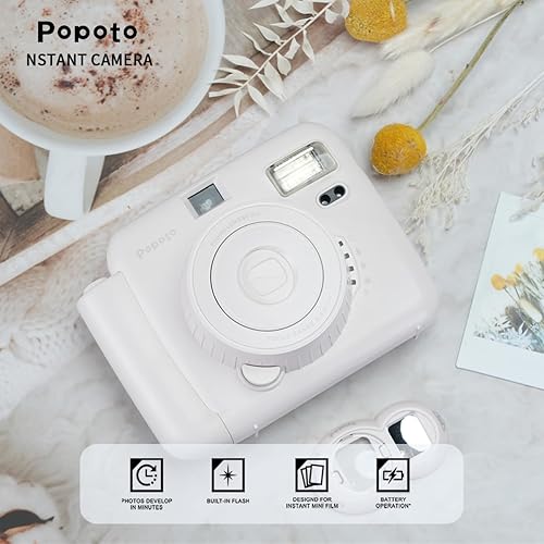 Miniatura 4 de POPOTO Cámara instantánea con funda de cuero, mini 12 calcomanías de decoración de cámara instantánea, marcos, álbum de fotos y más kit de