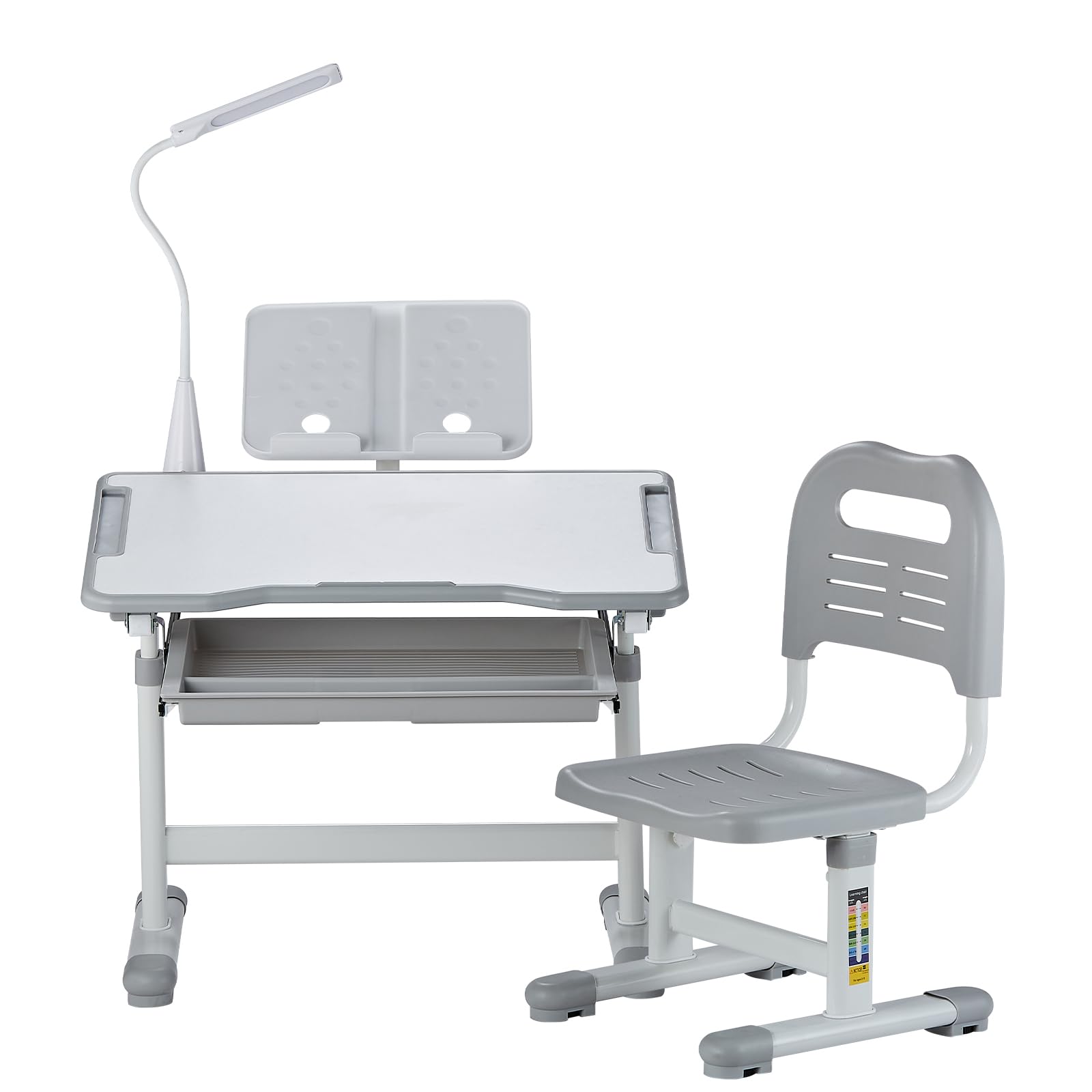 VEVOR Ensemble Chaise et Bureau pour Enfants avec Lampe de Table, Table et Chaise d'étude, Hauteur réglable et inclinés de 0 à 40°, pour Lecture, Apprentissage, pour Chambre et Salle d'étude, Gris
