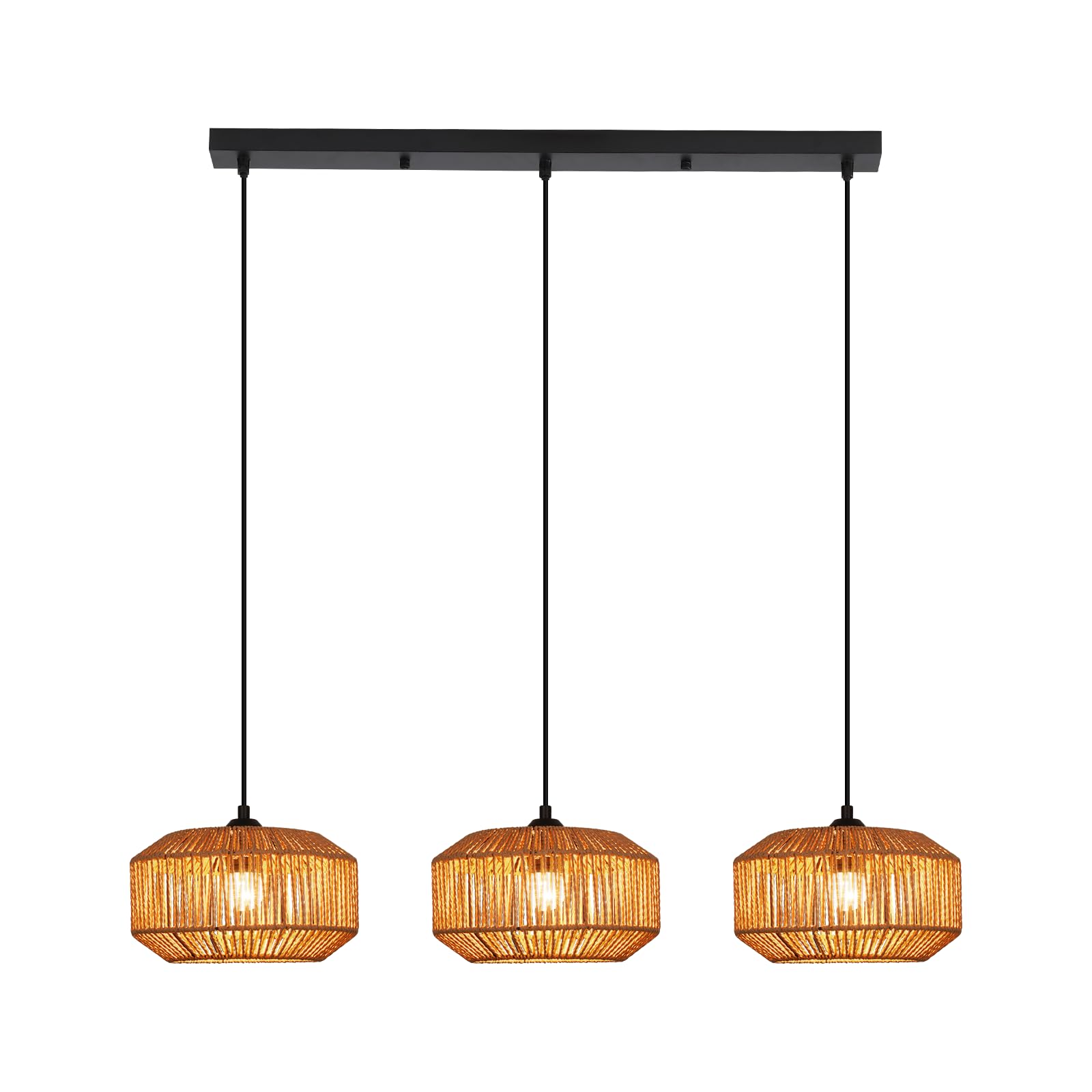 Pendelleuchte Boho Hängelampe Rattan Lampe Hängend Höhenverstellbar | Hängeleuchte Esszimmer 3 flammig Esstischlampe Retro Design mit E27 Fassung für Schlafzimmer Wohnzimmer/Ohne Leuchtmittel
