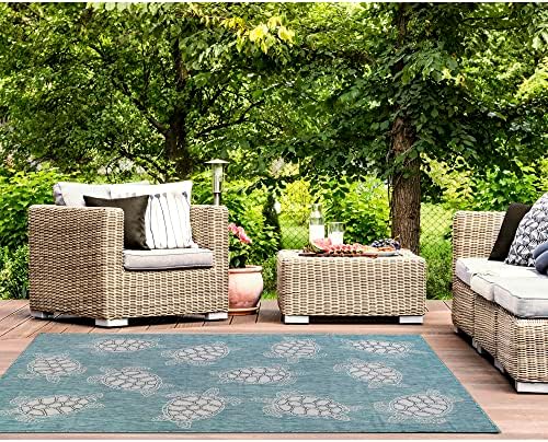 Liora Manne CARMEL Indoor/Outdoor Power Loomed Synthetic Blend Low Profile Area Rug - Transitional Coastal Turtle Decorative (Seaturtles Aqua) (7'10" x 9'10")