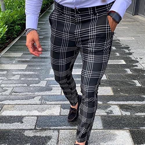 Men's Plaid Business Pants Stylish Stretch Skinny Golf Dress Pant Casual Slim Tapered Fit Flat Front Trousers2