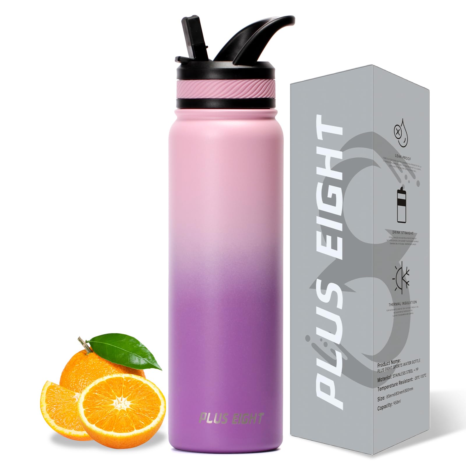 pluseight 32 oz Insulated Water Bottle With Straw, Stainless Steel Sports Water Bottle Wide Mouth for Sports, Gym or Office, BPA-Free Keep Cold 24H
